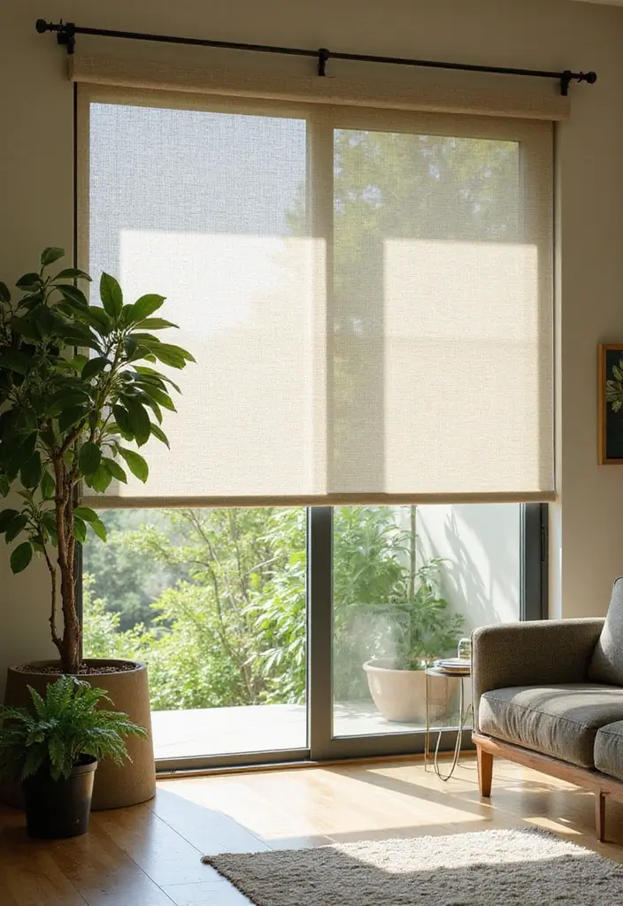 28 Sliding Door Curtains Living Room Ideas That Save Space Beautifully - 14. Nature-Inspired Shades