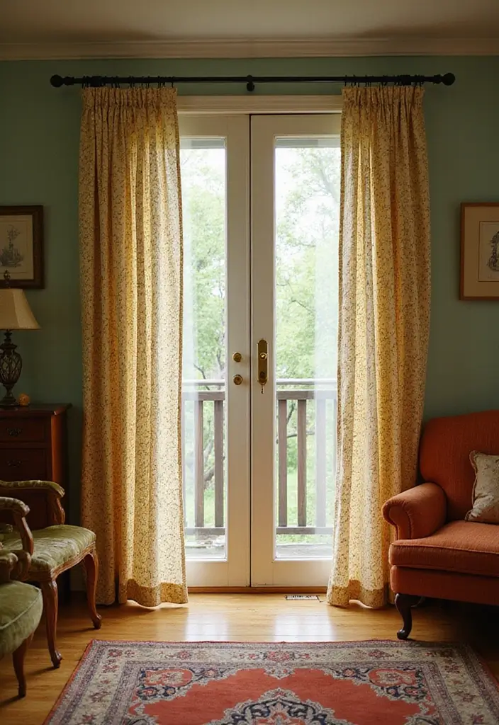 28 Sliding Door Curtains Living Room Ideas That Save Space Beautifully - 15. Vintage Vibes