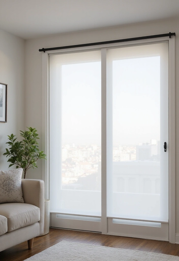 28 Sliding Door Curtains Living Room Ideas That Save Space Beautifully - 17. Functional Panel Track Shades