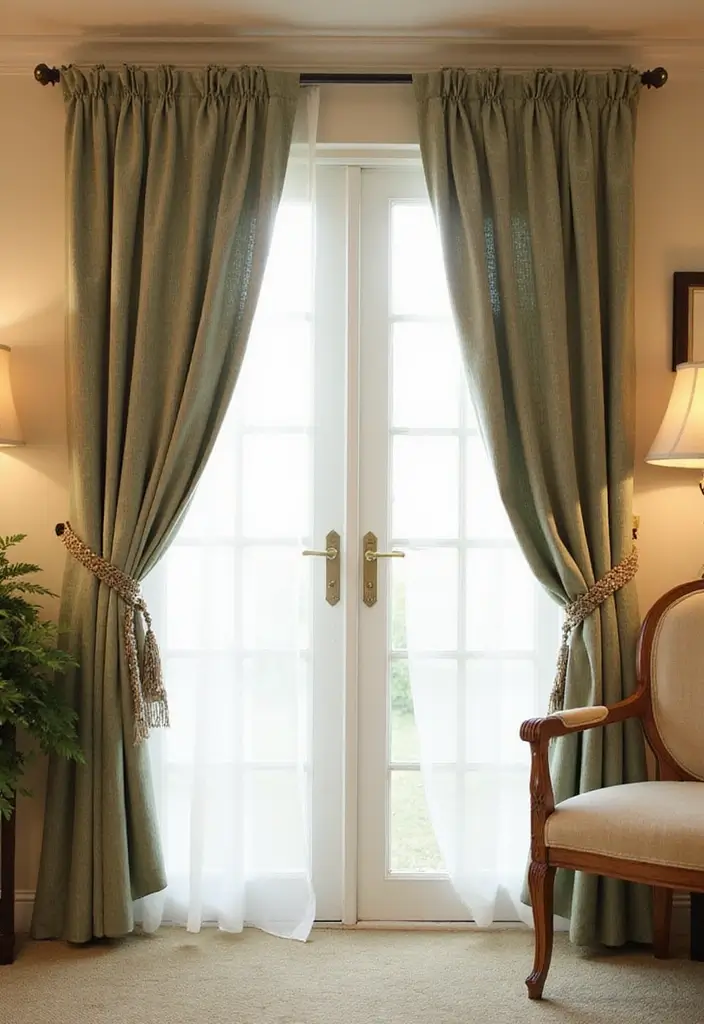 28 Sliding Door Curtains Living Room Ideas That Save Space Beautifully - 18. Curtains with Tiebacks