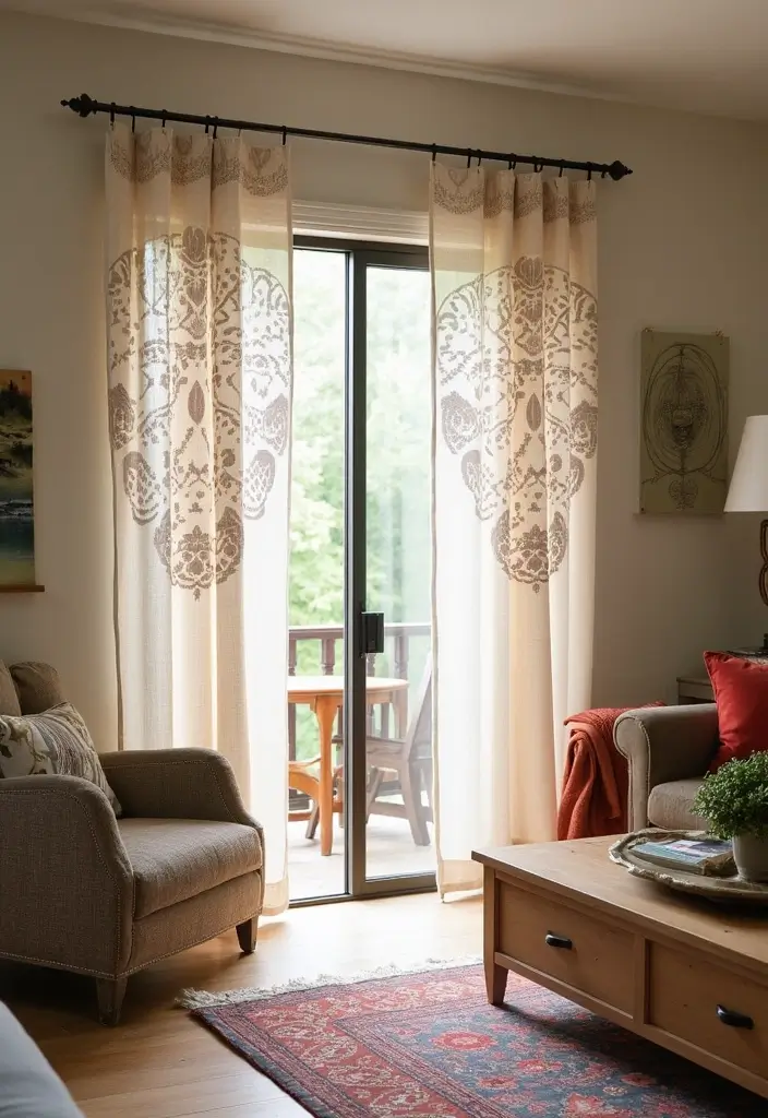28 Sliding Door Curtains Living Room Ideas That Save Space Beautifully - 19. Stenciled Patterns