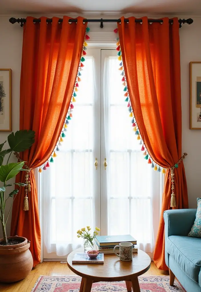 28 Sliding Door Curtains Living Room Ideas That Save Space Beautifully - 21. Colorful Tassels
