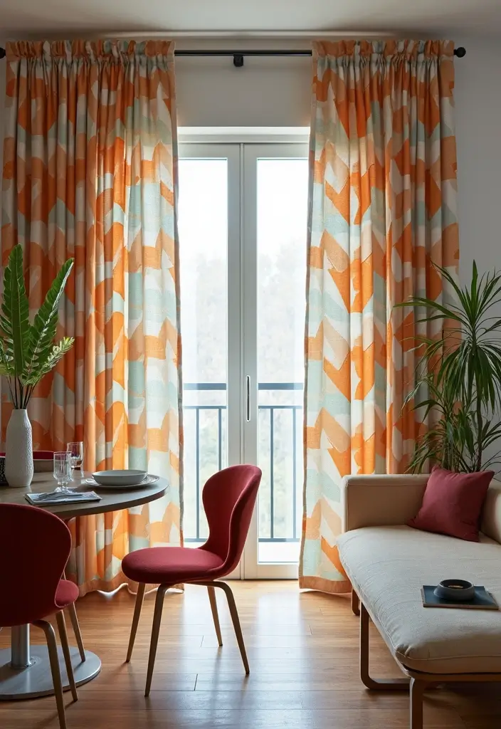 28 Sliding Door Curtains Living Room Ideas That Save Space Beautifully - 22. Geometric Patterns