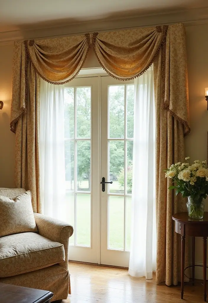 28 Sliding Door Curtains Living Room Ideas That Save Space Beautifully - 25. Curtain Swags