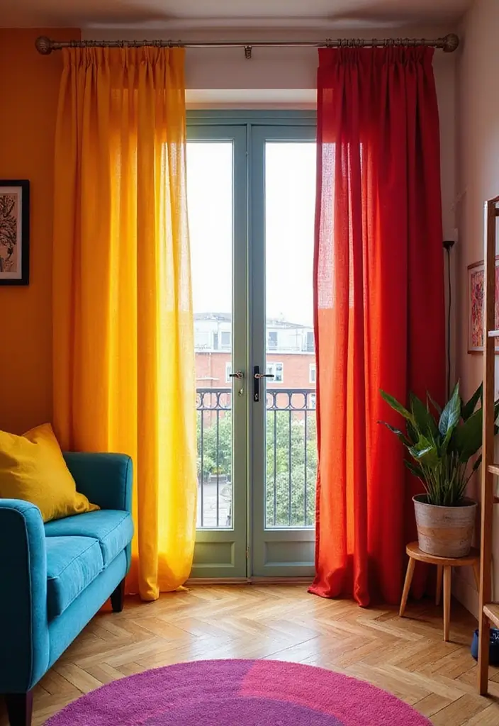 28 Sliding Door Curtains Living Room Ideas That Save Space Beautifully - 27. Expressive Color Theory