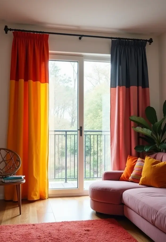 28 Sliding Door Curtains Living Room Ideas That Save Space Beautifully - 6. Color Block Curtains
