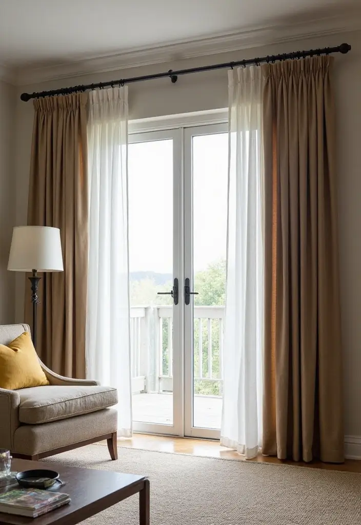 28 Sliding Door Curtains Living Room Ideas That Save Space Beautifully - 7. Layered Look