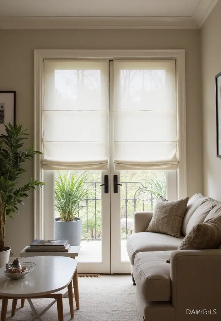 28 Sliding Door Curtains Living Room Ideas That Save Space Beautifully - 8. Roman Shades