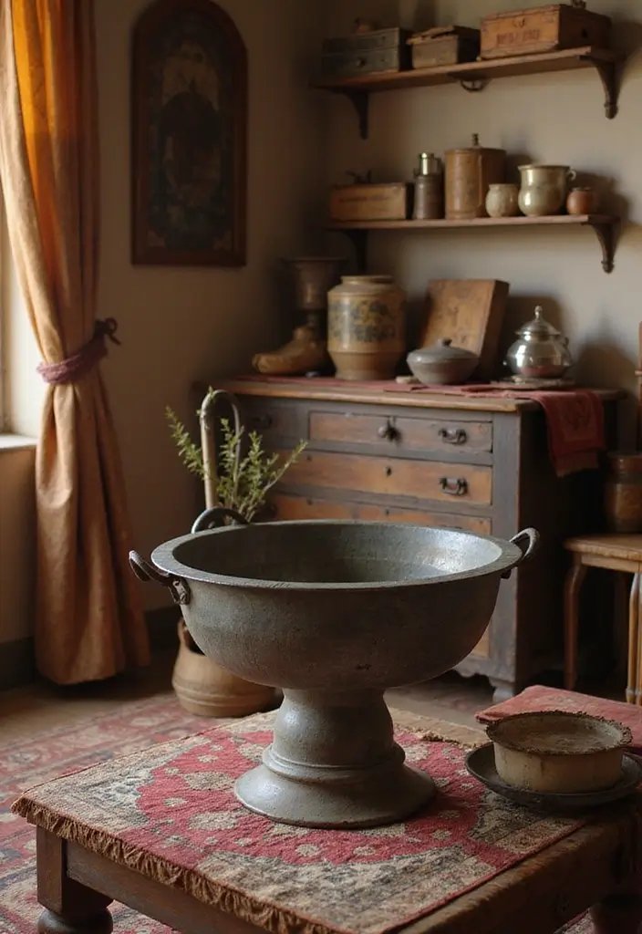 28 Wash Basin Ideas in Living Room Indian Homes That Blend Function and Design - 16. Vintage Metal Basin