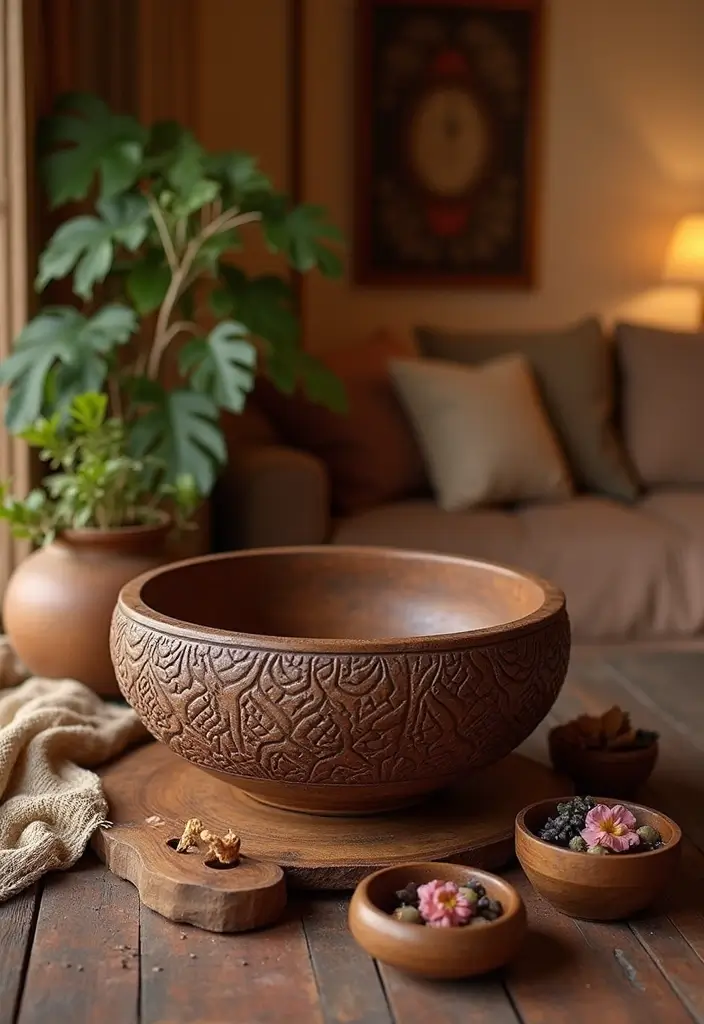 28 Wash Basin Ideas in Living Room Indian Homes That Blend Function and Design - 2. Rustic Wooden Basin with Carvings