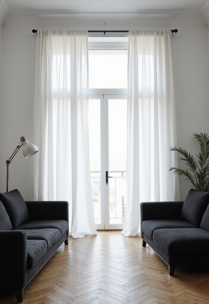 28 White Black Living Room Ideas That Feel Sleek and Sophisticated - 12. Elegant Curtains