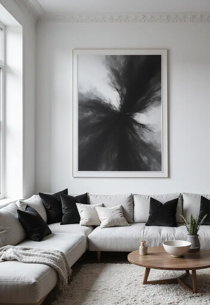 28 White Black Living Room Ideas That Feel Sleek and Sophisticated - 13. Monochrome Statement Art