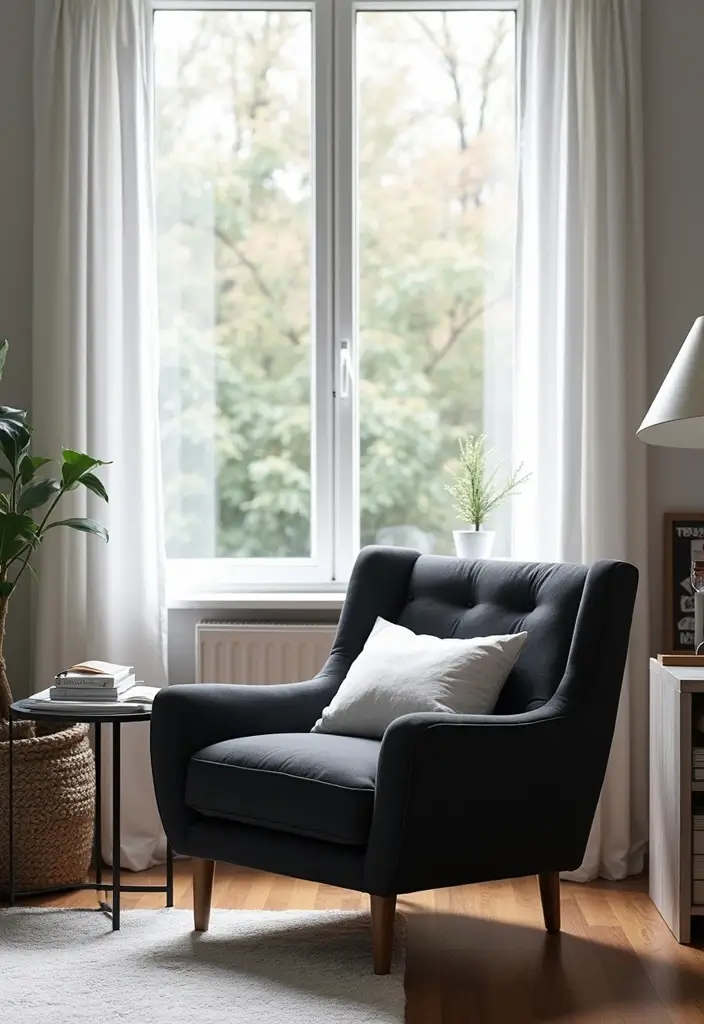 28 White Black Living Room Ideas That Feel Sleek and Sophisticated - 15. Cozy Reading Nook