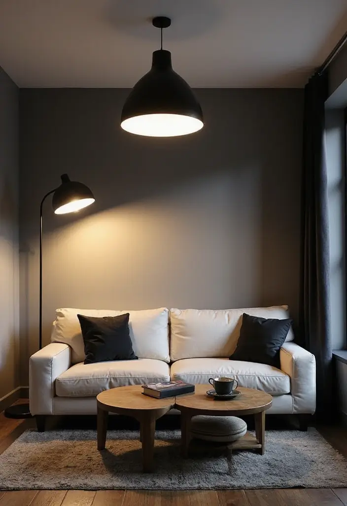 28 White Black Living Room Ideas That Feel Sleek and Sophisticated - 16. Layered Lighting