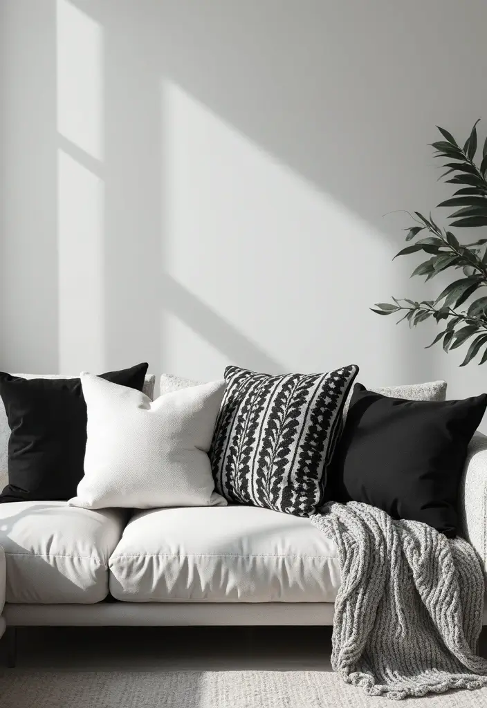 28 White Black Living Room Ideas That Feel Sleek and Sophisticated - 17. Monochrome Throw Pillows