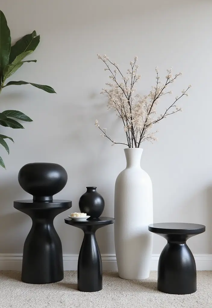 28 White Black Living Room Ideas That Feel Sleek and Sophisticated - 18. Sculptural Elements