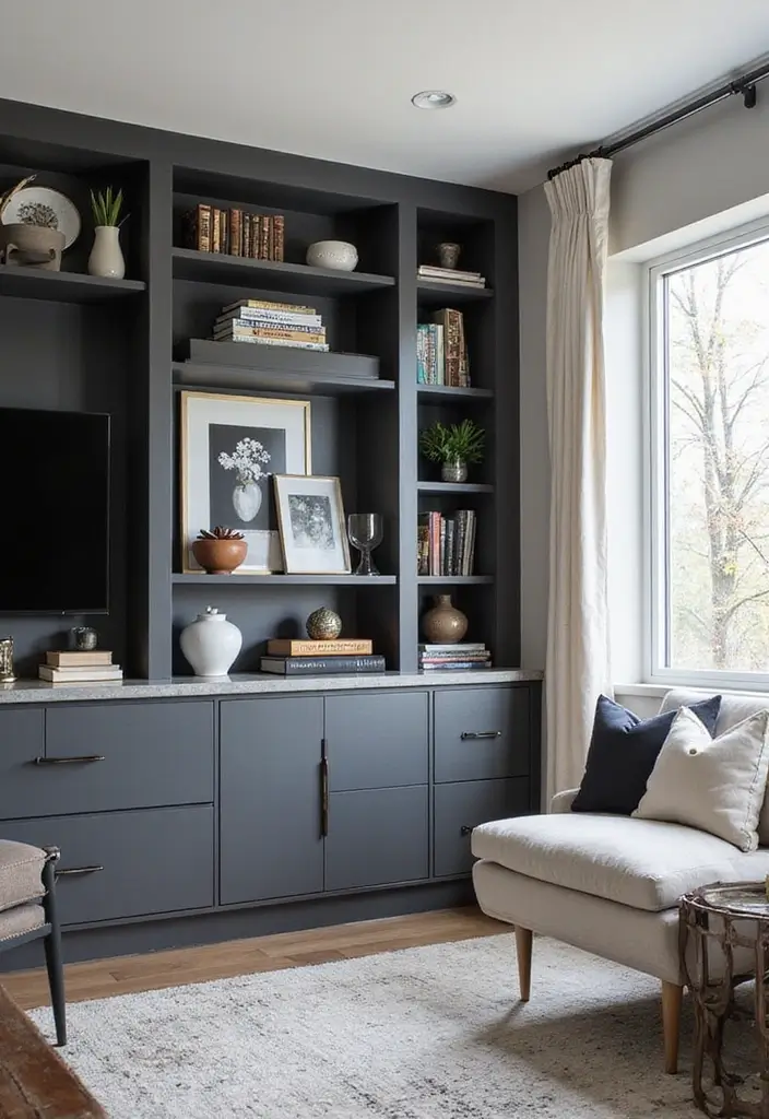 28 White Black Living Room Ideas That Feel Sleek and Sophisticated - 20. Custom Built-ins