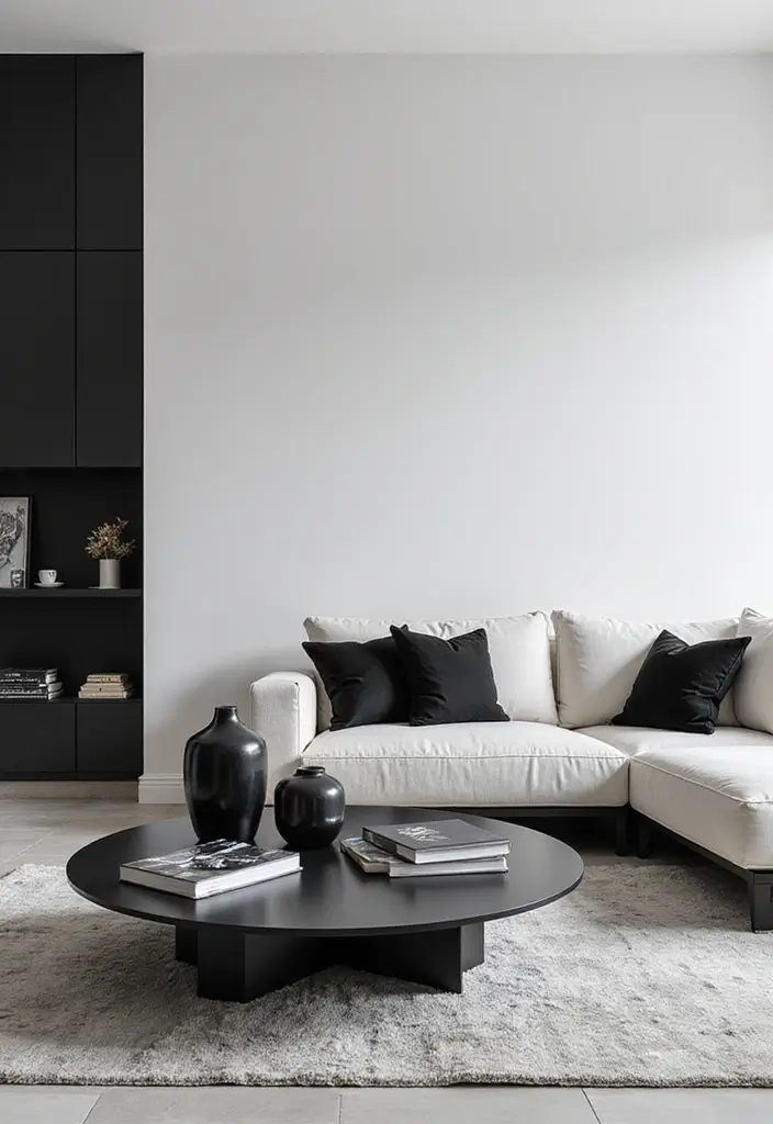 28 White Black Living Room Ideas That Feel Sleek and Sophisticated - 21. Monochrome Coffee Table