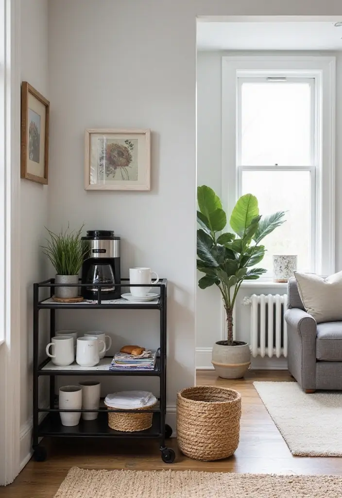 28 White Black Living Room Ideas That Feel Sleek and Sophisticated - 23. Chic Coffee Station