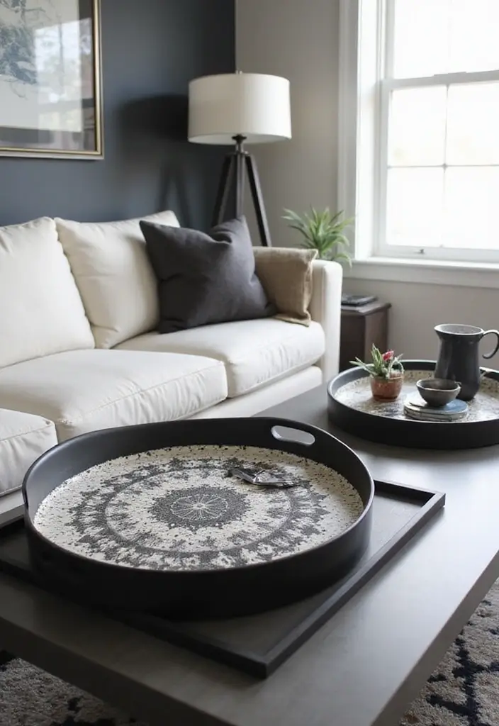 28 White Black Living Room Ideas That Feel Sleek and Sophisticated - 24. Decorative Trays