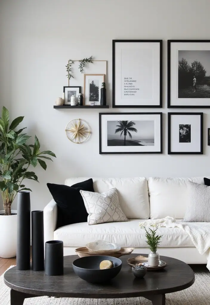 28 White Black Living Room Ideas That Feel Sleek and Sophisticated - 25. Coordinated Accessories