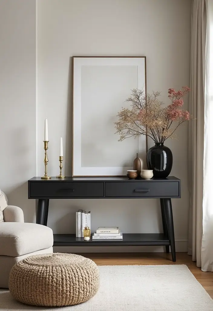 28 White Black Living Room Ideas That Feel Sleek and Sophisticated - 26. Stylish Console Tables