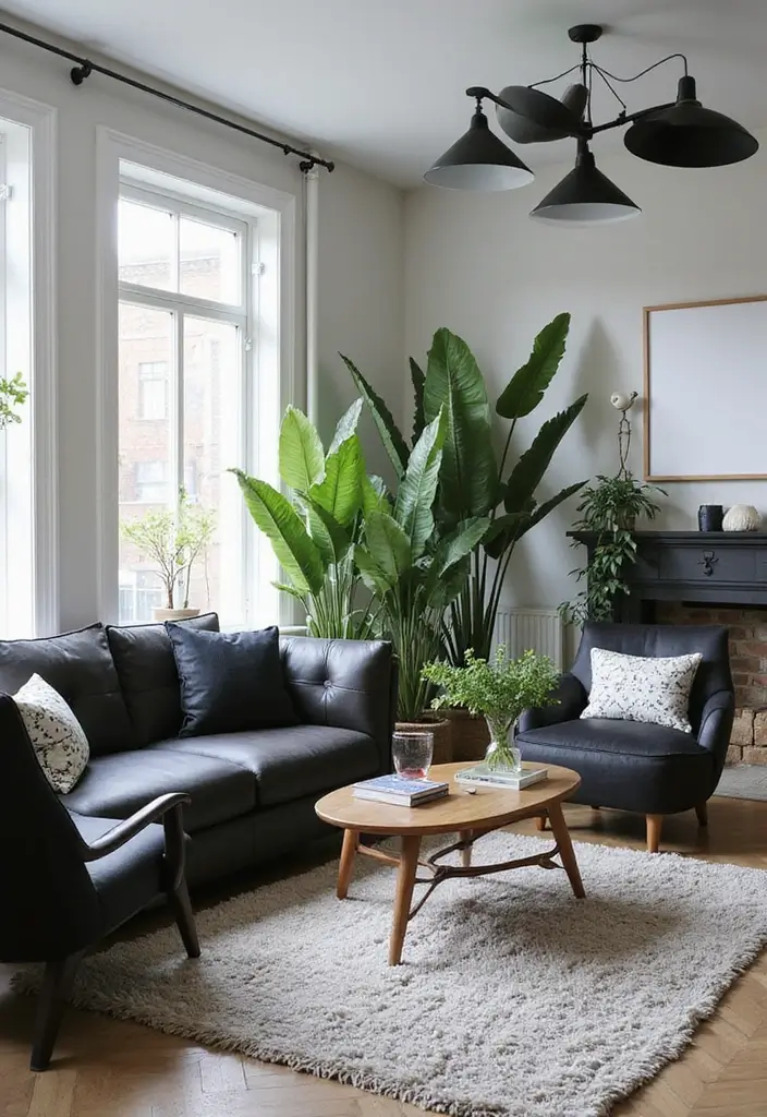 28 White Black Living Room Ideas That Feel Sleek and Sophisticated - 27. Contrast with Greenery