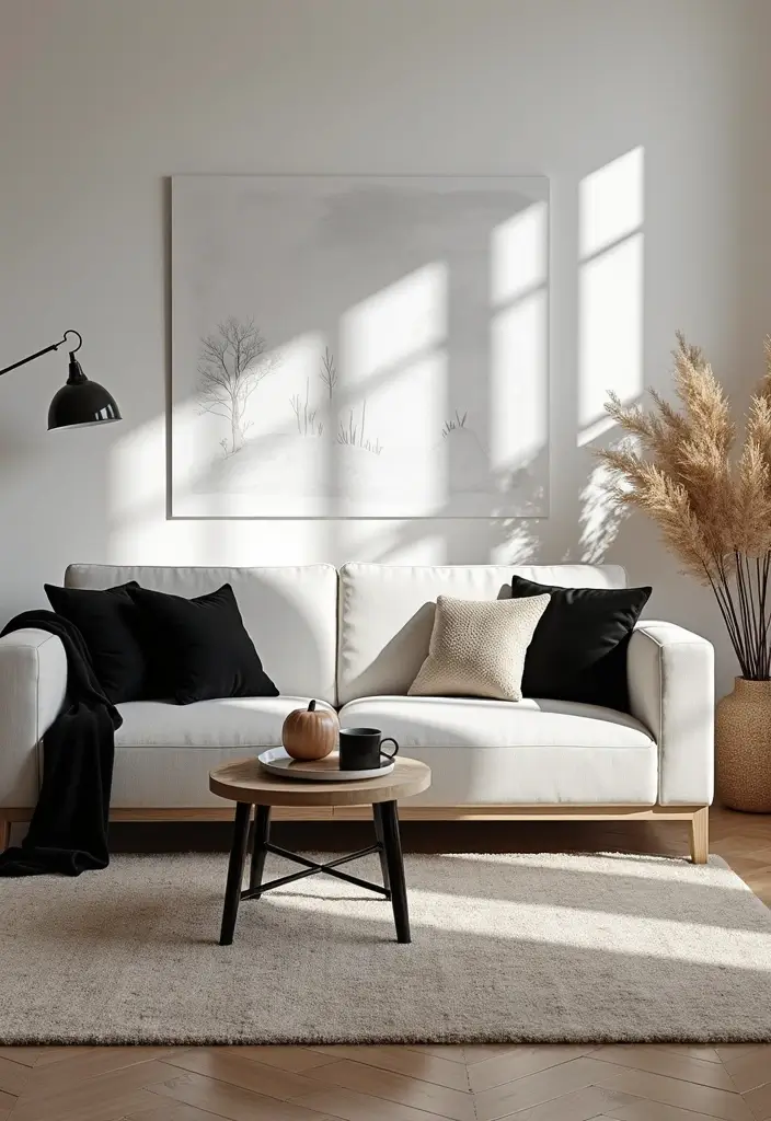 28 White Black Living Room Ideas That Feel Sleek and Sophisticated - 28. Seasonal Touches
