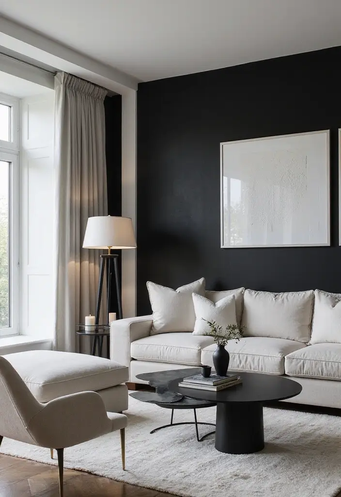 28 White Black Living Room Ideas That Feel Sleek and Sophisticated - 4. Dramatic Accent Walls