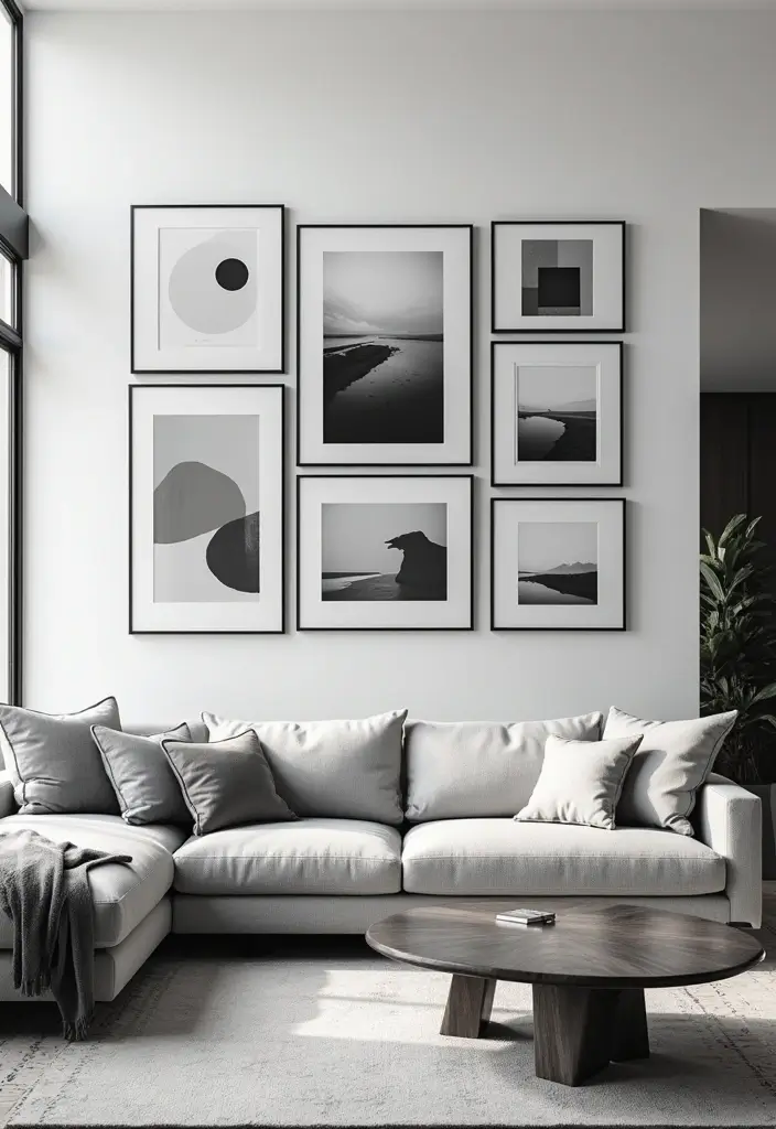 28 White Black Living Room Ideas That Feel Sleek and Sophisticated - 6. Monochrome Gallery Wall