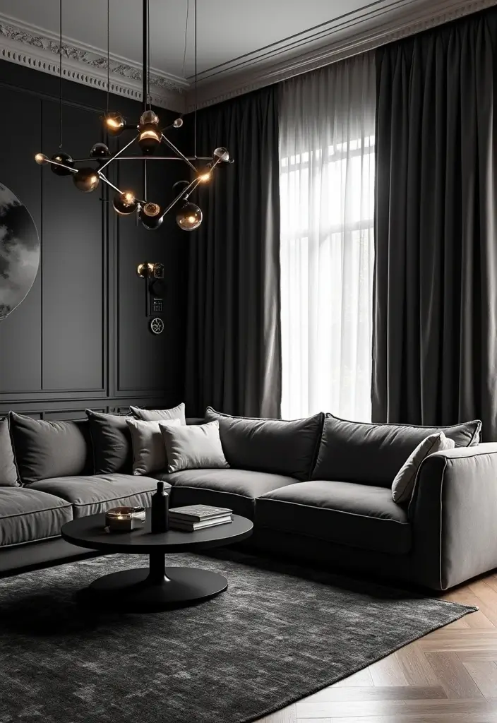 28 White Black Living Room Ideas That Feel Sleek and Sophisticated - 7. Statement Lighting