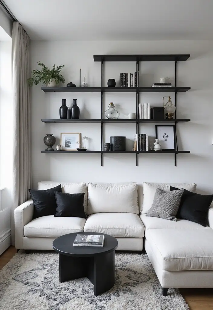 28 White Black Living Room Ideas That Feel Sleek and Sophisticated - 9. Open Shelving