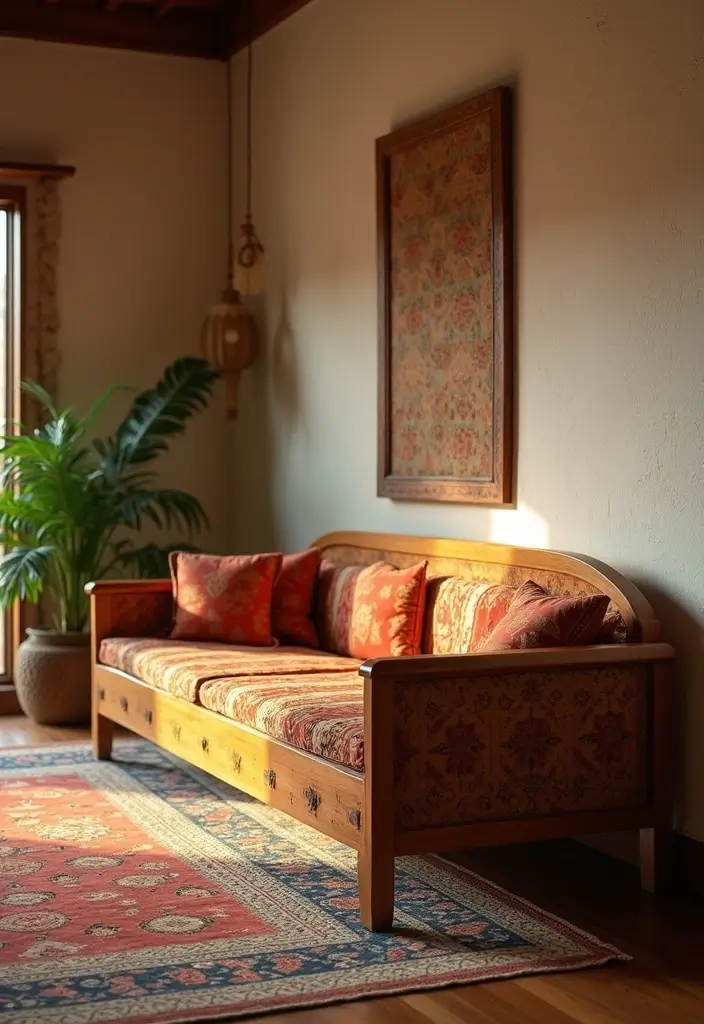 28 Wooden Sofas Ideas Living Room Indian Styles That Feel Warm and Traditional - 11. Sofa with Traditional Indian Motifs