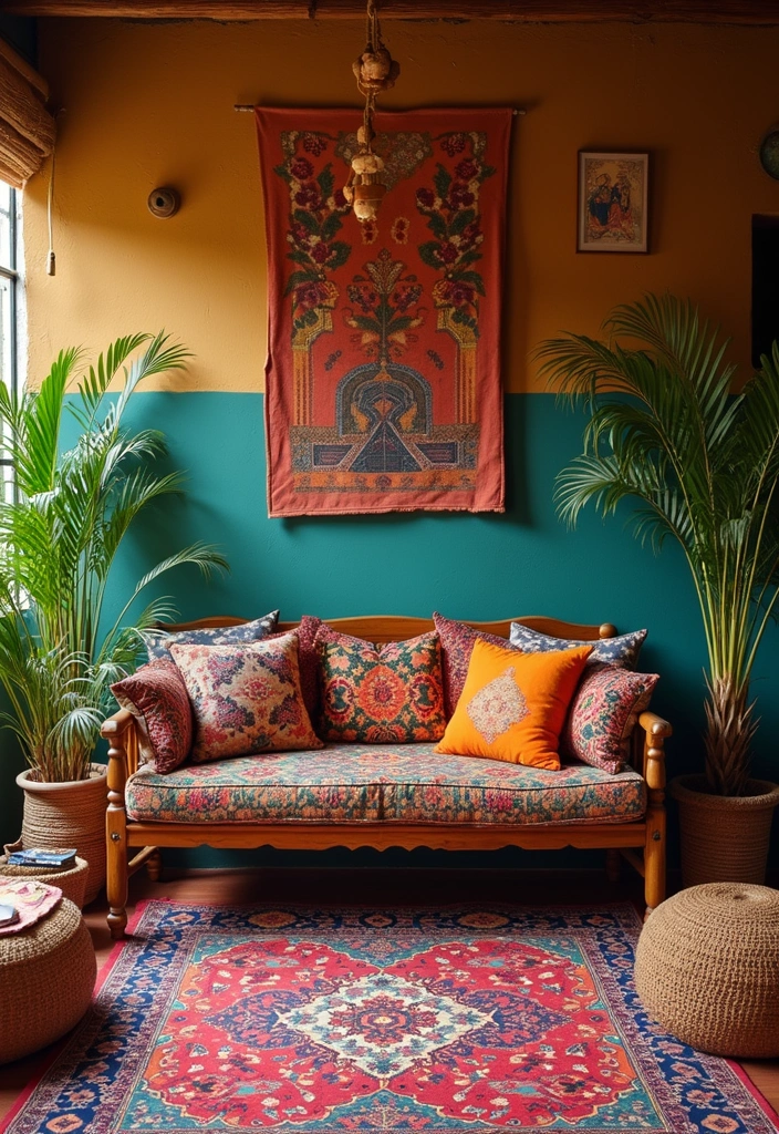 28 Wooden Sofas Ideas Living Room Indian Styles That Feel Warm and Traditional - 12. Bohemian-Style Wooden Sofa