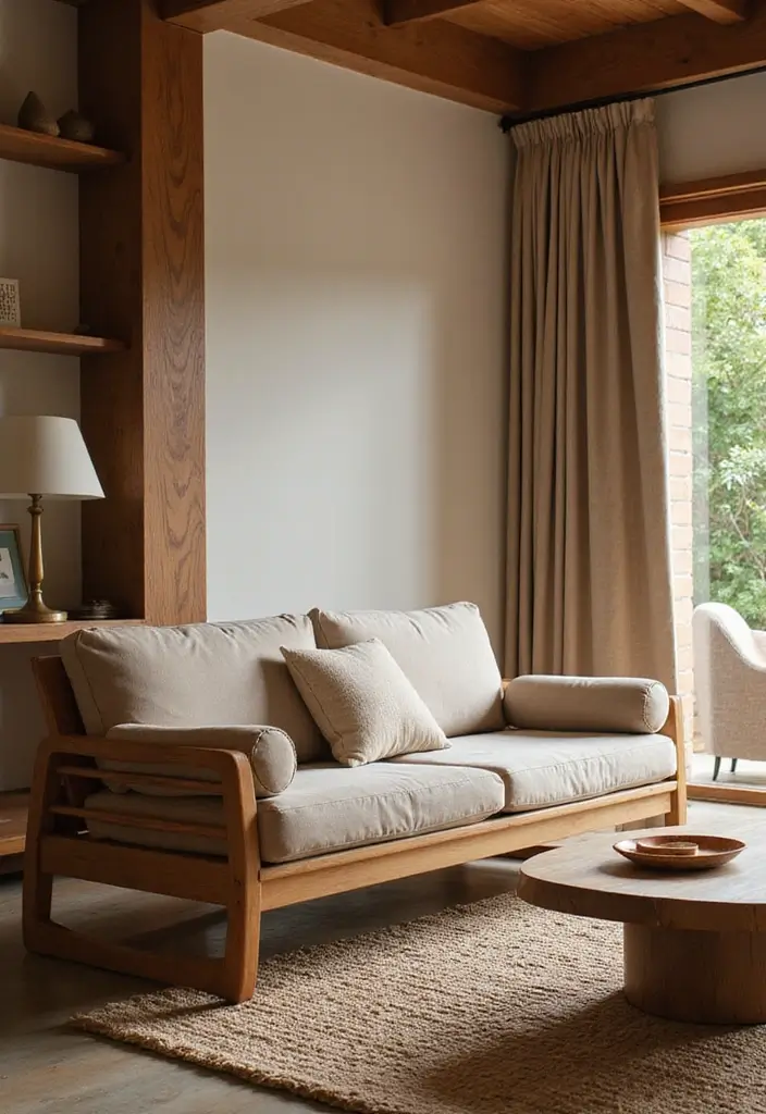 28 Wooden Sofas Ideas Living Room Indian Styles That Feel Warm and Traditional - 16. Sofa with Low Footrest