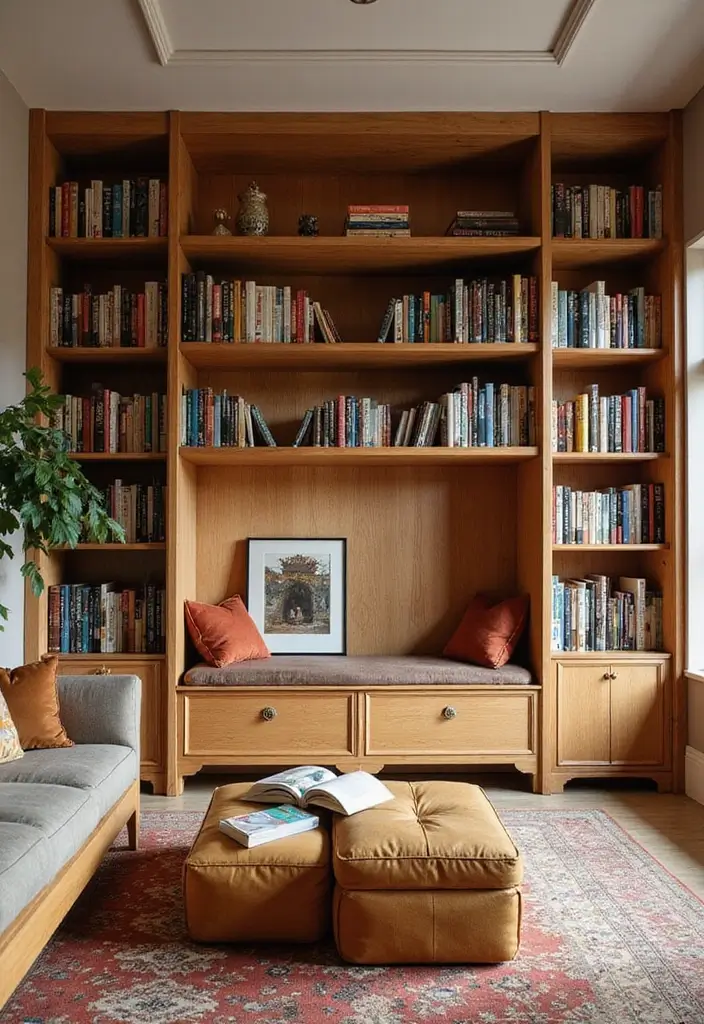 28 Wooden Sofas Ideas Living Room Indian Styles That Feel Warm and Traditional - 17. Integrated Bookshelf Sofa