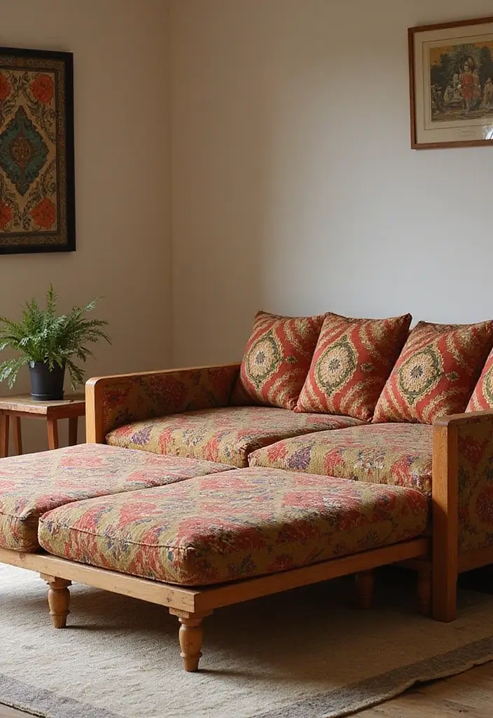 28 Wooden Sofas Ideas Living Room Indian Styles That Feel Warm and Traditional - 24. Sofa with Ottoman Extension