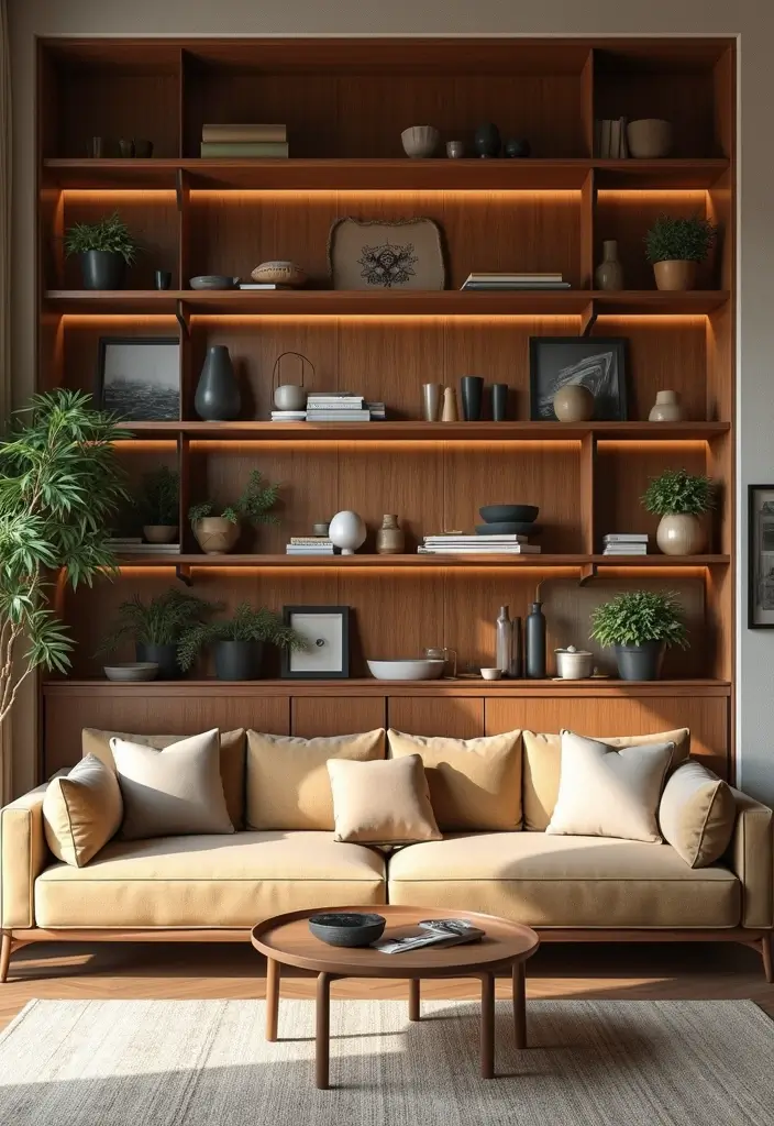 28 Wooden Sofas Ideas Living Room Indian Styles That Feel Warm and Traditional - 26. Sofa with Open Shelving