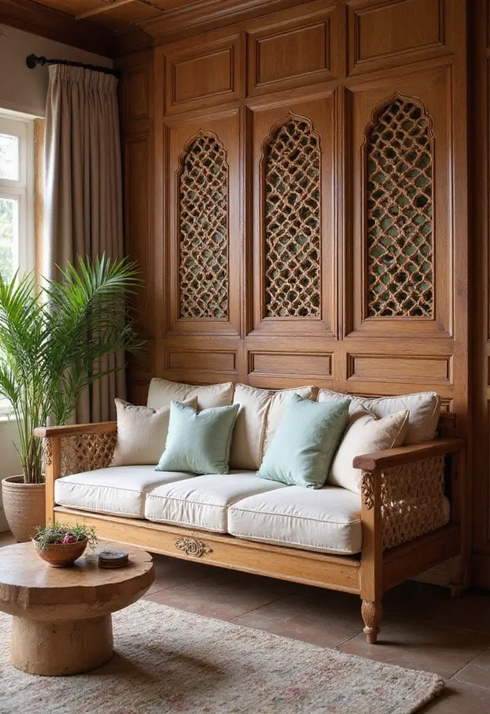 28 Wooden Sofas Ideas Living Room Indian Styles That Feel Warm and Traditional - 4. Sofa with Indian Jali Work