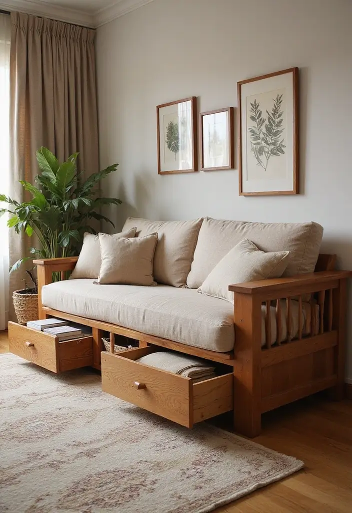 28 Wooden Sofas Ideas Living Room Indian Styles That Feel Warm and Traditional - 8. Multi-functional Sofa with Storage