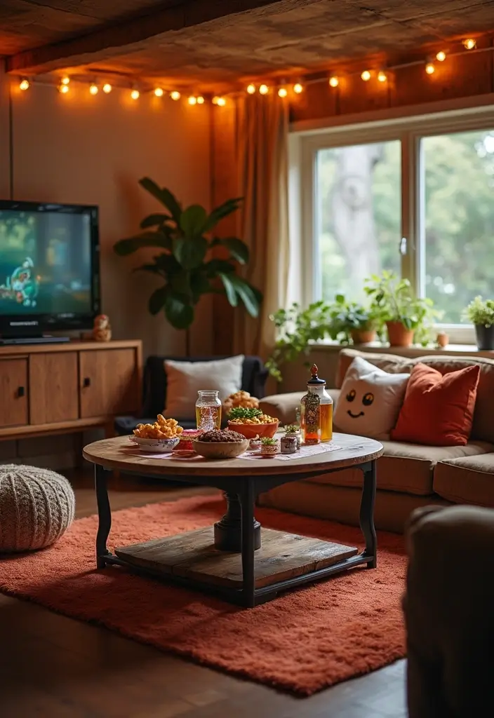 29 Animal Crossing Living Room Ideas That Feel Cute and Cozy - 19. Character-Themed Game Night Setup