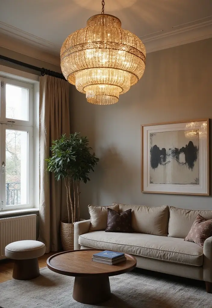 29 Chill Living Room Ideas That Feel Relaxed and Inviting - 24. Statement Lighting Fixtures