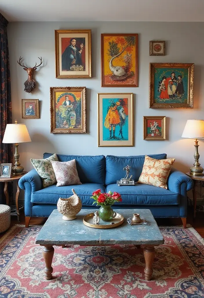 29 Denim Sofa Living Room Ideas That Feel Casual and Unique - 10. Artistic Flair