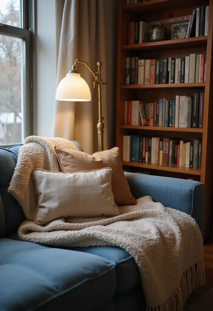 29 Denim Sofa Living Room Ideas That Feel Casual and Unique - 11. Cozy Reading Nook