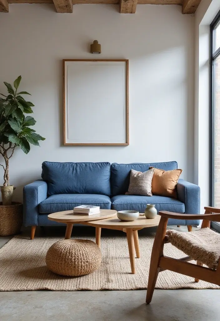 29 Denim Sofa Living Room Ideas That Feel Casual and Unique - 12. Modern Rustic Fusion
