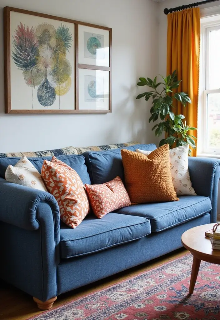 29 Denim Sofa Living Room Ideas That Feel Casual and Unique - 13. Layering with Patterns
