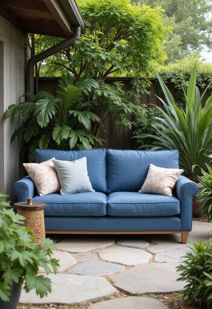 29 Denim Sofa Living Room Ideas That Feel Casual and Unique - 14. Outdoor-Inspired