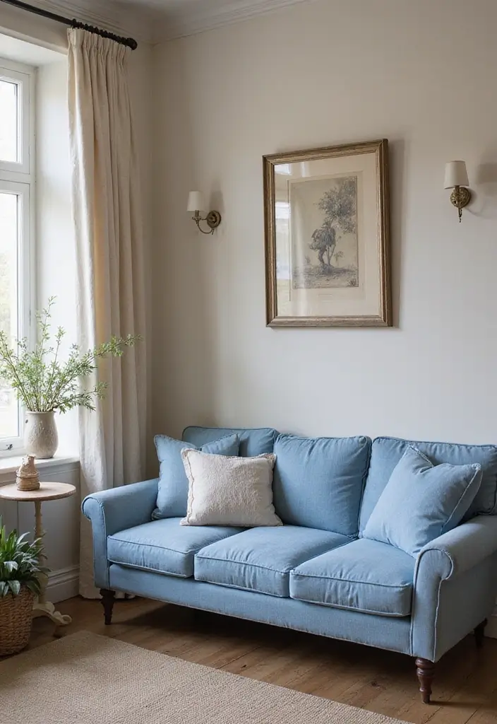 29 Denim Sofa Living Room Ideas That Feel Casual and Unique - 15. French Country Charm