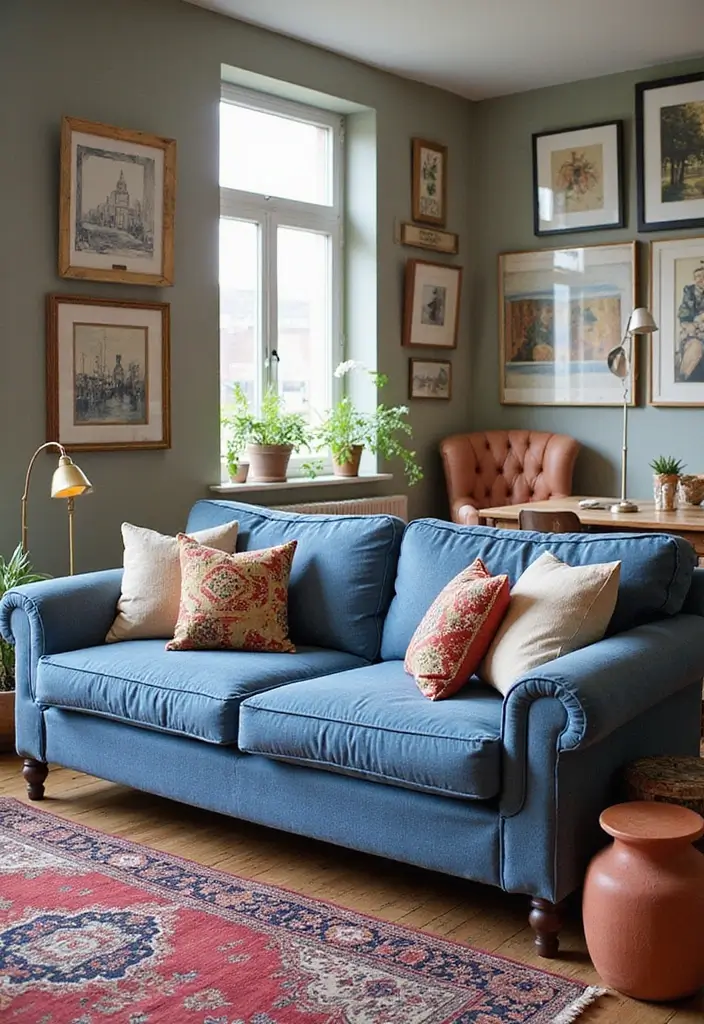 29 Denim Sofa Living Room Ideas That Feel Casual and Unique - 16. Eclectic Mix