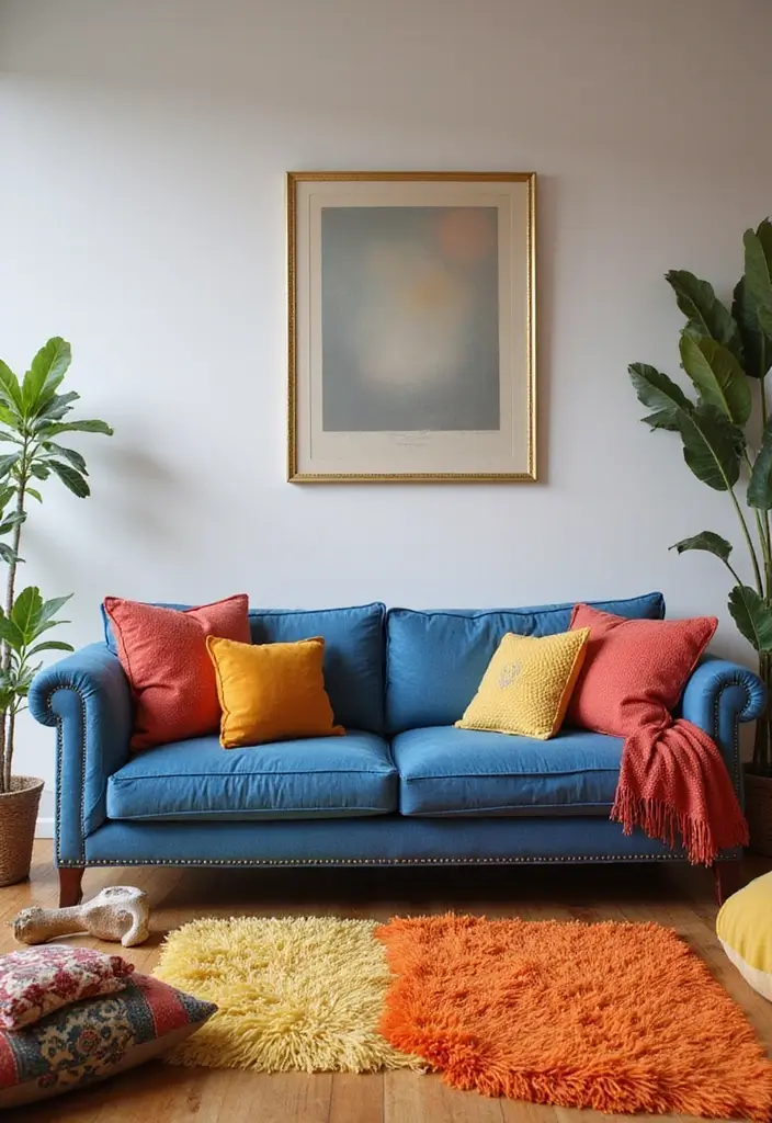 29 Denim Sofa Living Room Ideas That Feel Casual and Unique - 18. Colorblocking Fun